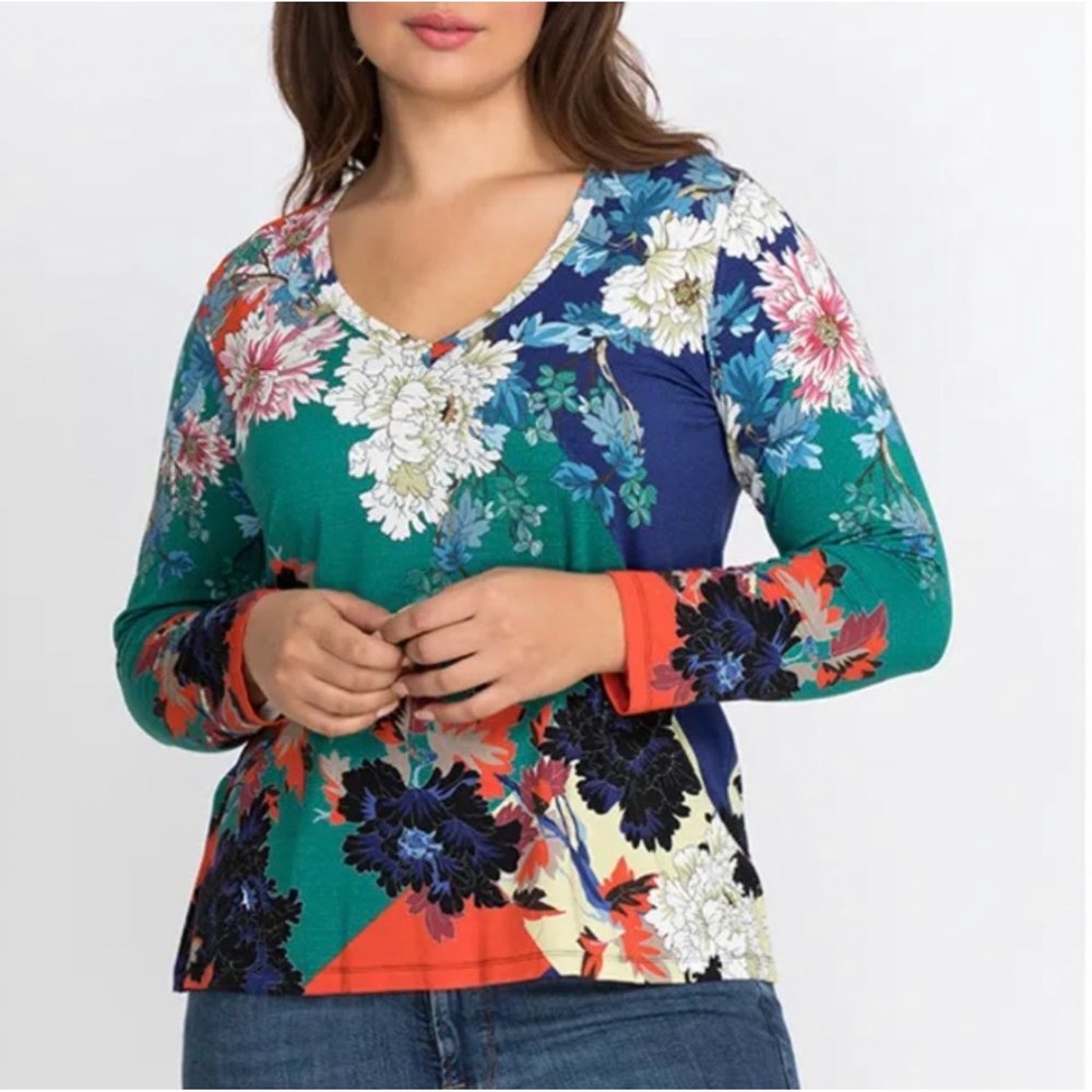 Johnny Was Marritt Favorite Tee XS Bamboo Floral Long Sleeve V Neck boho chic
